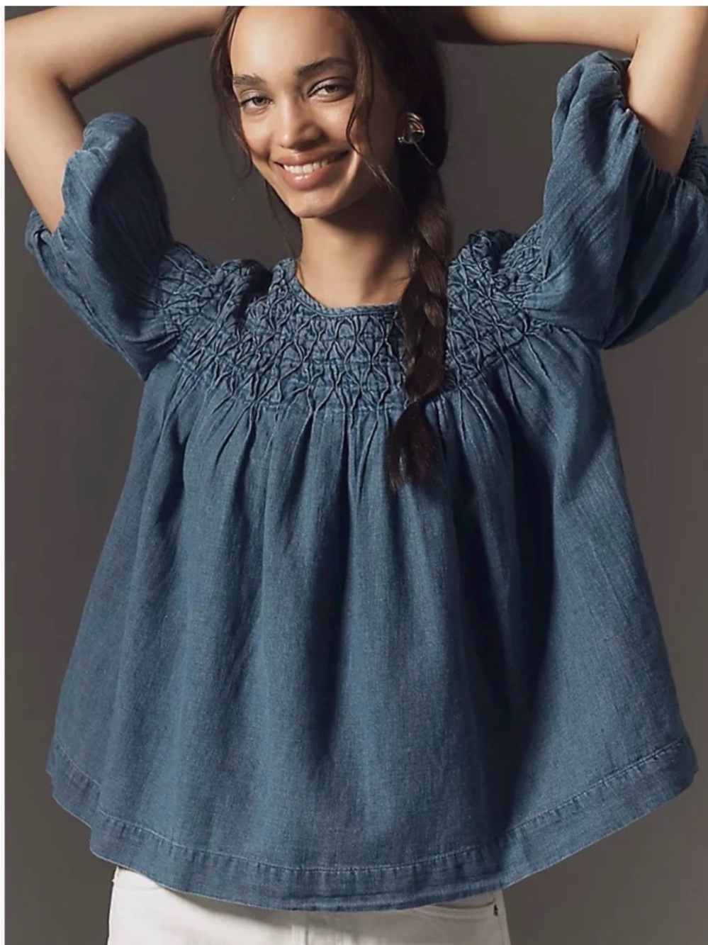 Anthropologie Liza Puff Sleeve Smocked Linen Blouse, Denim, X-Large, NWT
